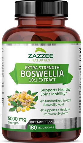 Boswellia Serrata Extra Forte 10:1 Extrato, 5000 mg Potência, 65%% Ácido Boswélico, 180 Cápsulas Veganas, 6 Meses de Suprimento, Padronizado 10X Alta Potência, 100%% Vegetariano - Zazzee