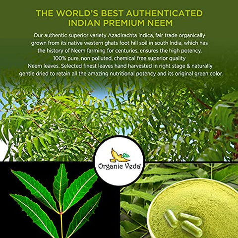 Neem Capsules 1000mg – Suplemento Herbal Orgânico Feito com Pó de Folha de Neem Ayurvédico da Índia – Suporta Pele Radiante, Imunidade, Desintoxicação e Resposta Inflamatória Saudável - Organic Veda