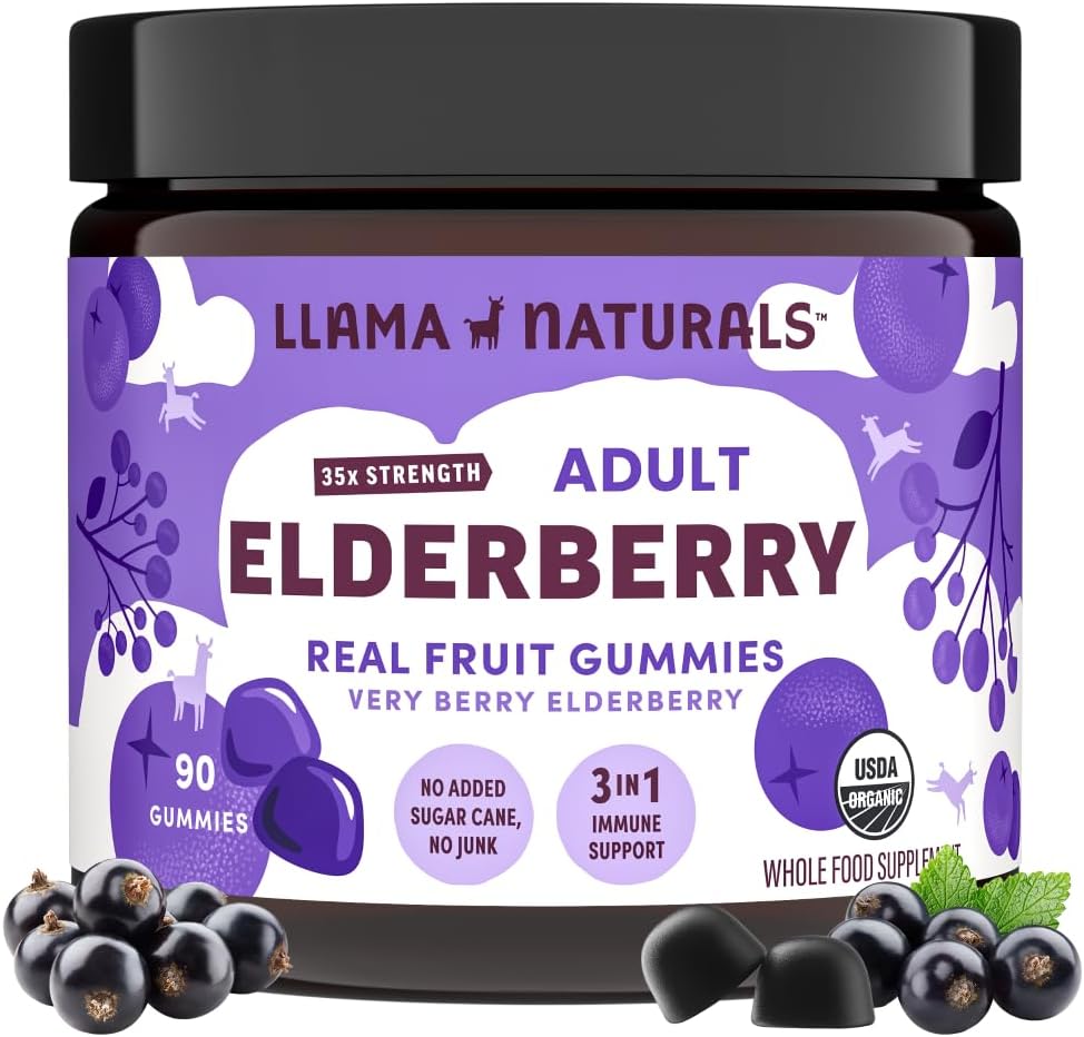 Gomas de Sabugueiro Sambucus de Frutas Reais para Adultos | Sem Açúcar Adicionado, Vegano, Orgânico | Suporte Imunológico com Zinco - Llama Naturals