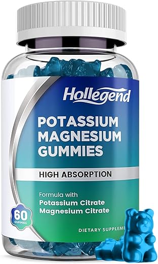 HOLLEGEND - Gomas de Potássio e Magnésio, Alta Absorção Citrato de Potássio 99mg Citrato de Magnésio 180mg, Suplementos Mastigáveis para Cãibras nas Pernas
