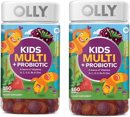 Kids Multivitamínico Probiótico 160 Gomas (2 pacotes) Gummy, Suporte Digestivo e Imunológico, Vitaminas A, D, C, E, B, Zinco, Suplemento Mastigável para Crianças, Sabor de Frutas Vermelhas, 160CT (2 Pacotes) (320) - OLLY