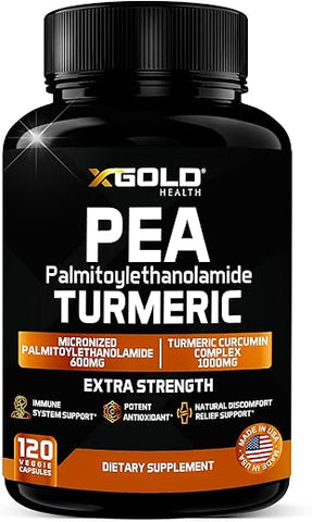 X Gold Health - Palmitoiletanolamida 600mg Complexo de Cúrcuma Curcumina 1000mg: PEA Micronizado 99% Altamente Purificado e Bioacessível – Fabricado nos EUA – Suplemento para Homens e Mulheres – 120 Cápsulas Vegetarianas