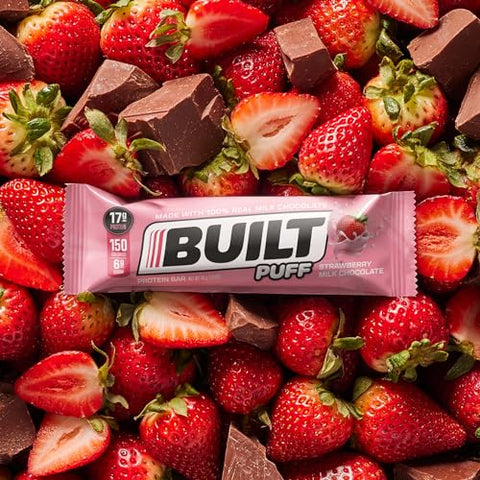 Built Bar - BUILT Barras de Proteína, Chocolate ao Leite Morango Puff, 12 barras, Snacks Proteicos, 17g de Proteína, Colágeno, Barra de Proteína de Chocolate com apenas 150 calorias