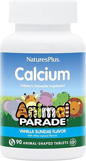 Natures Plus - NaturesPlus Animal Parade Calcium – Sabor Sundae de Baunilha – 90 Comprimidos Mastigáveis em Formato de Animais – Favorece Ossos Saudáveis – Vegano, Sem Glúten – 90 Porções Totais