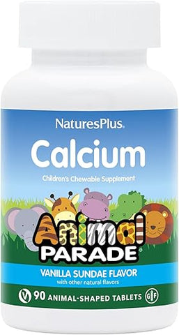 Natures Plus - NaturesPlus Animal Parade Calcium – Sabor Sundae de Baunilha – 90 Comprimidos Mastigáveis em Formato de Animais – Favorece Ossos Saudáveis – Vegano, Sem Glúten – 90 Porções Totais