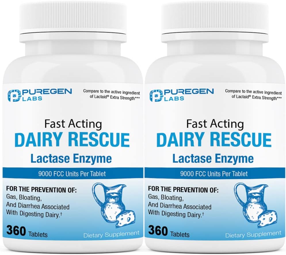 P Puregen Labs - Puregen Labs – Enzima Lactase 9000 FCC, Alívio Rápido para Intolerância à Lactose – 720 Comprimidos