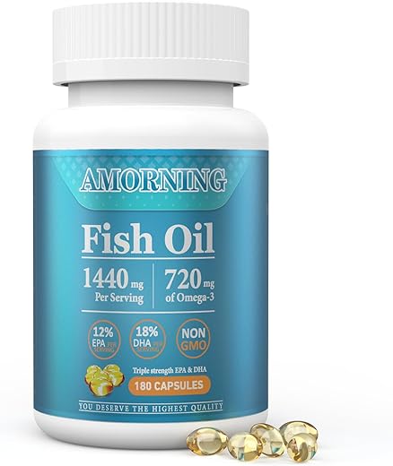 AMORNING - Suplemento Ômega 3 em Cápsulas Softgel – 180 Unidades 1440mg para Apoio ao Coração, Cérebro e Olhos Saudáveis, Rico em EPA e DHA, Fácil de Engolir