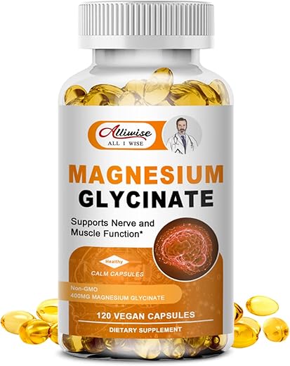 Alliwise - Magnésio Suplemento Softgels, Absorção Fácil Magnésio Glicinato 400mg com Vitamina B6, D3, Alta Biodisponibilidade Magnésio para Sono