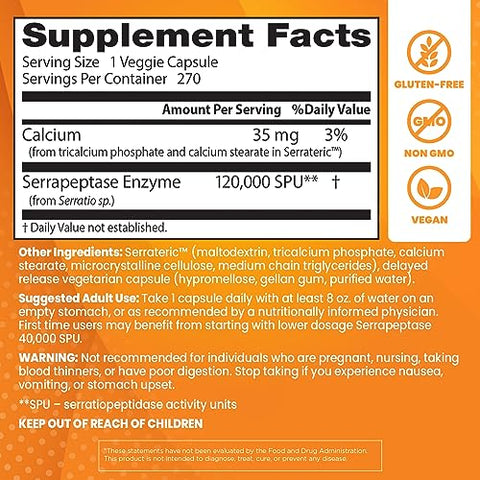 Doctor's BEST - Doctor’s Best Serrapeptase de Alta Potência – Suporte para Seios Saudáveis e Sistema Imunológico Forte – Não-OGM, Sem Glúten, Vegano – 120.000 SPU, 270 Cápsulas Vegetais