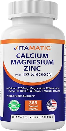Cálcio Magnésio Zinco D3 Boro | 365 Comprimidos Revestidos | Cálcio 1200 mg, Magnésio 420 mg, Zinco 25 mg, Vitamina D3 1000 UI, Boro 1 mg | Não-OGM | Sem Glúten | 365 Tabletes | Marca Vitamatic - Vitamatic