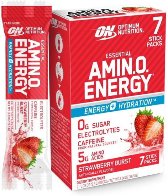 Amino Energy Plus Electrolytes Stick Packs – Pó Energético de Morango, 7 Unidades - Optimum Nutrition