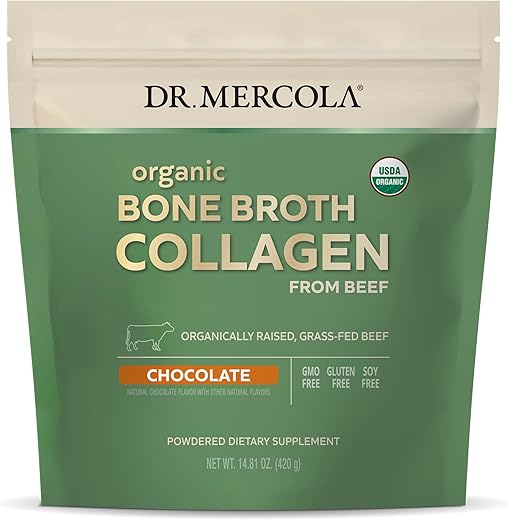Colágeno em Pó de Caldo de Osso Orgânico – Chocolate, 30 Porções (30 Medidas), Suplemento Alimentar, Suporte para Conforto Ósseo e Articular, Orgânico Certificado USDA, Não-OGM - Dr. Mercola