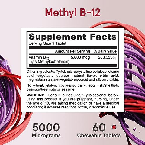 Methyl B-12 5000 mcg – Suplemento para Energia Celular e Saúde Cerebral – 60 Tabletes Mastigáveis Sabor Cereja – 60 Dias - Jarrow Formulas