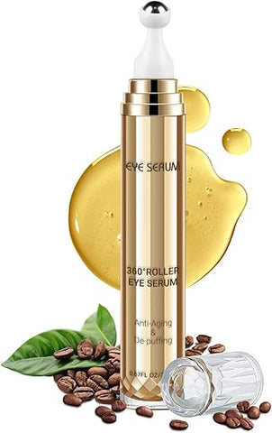 MUOCOBU - Sérum para os olhos com cafeína 5%, 20ml, creme para olheiras e inchaço, cuidados com os olhos, anti-idade com bola de massagem 360°, reduz bolsas, rugas e linhas finas