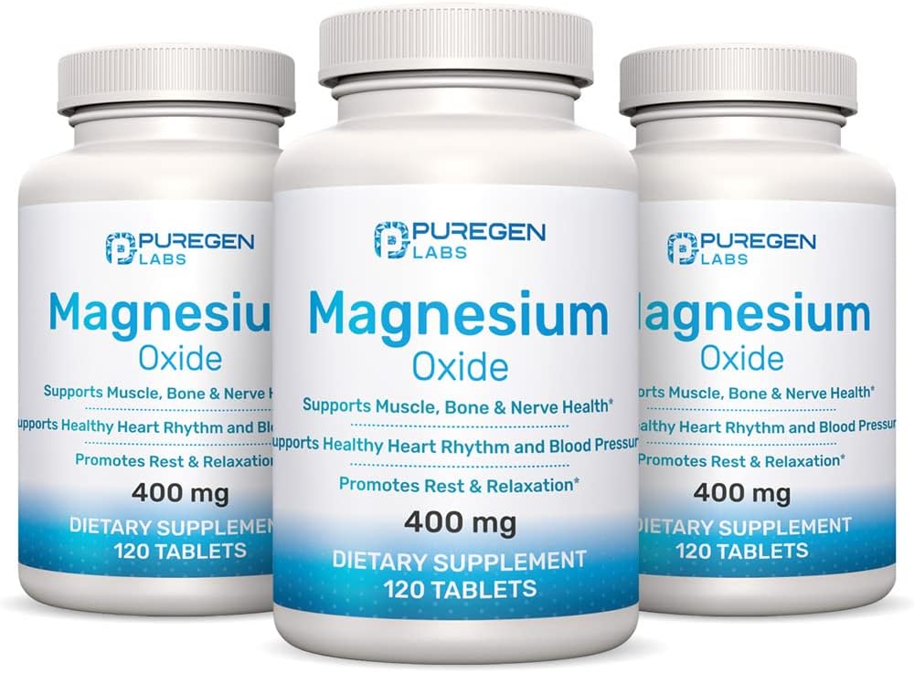 P Puregen Labs - Magnésio 400mg [Alta Potência] – Óxido de Magnésio para Suporte Imunológico, Recuperação Muscular, Cãibras nas Pernas, Relaxamento – 3 Pacotes | Total de 360 Cápsulas