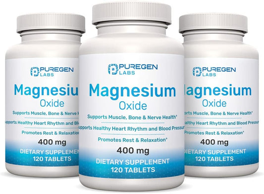 P Puregen Labs - Magnésio 400mg [Alta Potência] – Óxido de Magnésio para Suporte Imunológico, Recuperação Muscular, Cãibras nas Pernas, Relaxamento – 3 Pacotes | Total de 360 Cápsulas