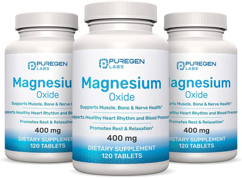 P Puregen Labs - Magnésio 400mg [Alta Potência] – Óxido de Magnésio para Suporte Imunológico, Recuperação Muscular, Cãibras nas Pernas, Relaxamento – 3 Pacotes | Total de 360 Cápsulas
