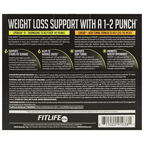 LIPORUSH - NDS Nutrition Dual Impact Stack – Resultados Sérios com Teacrine, L-Carnitina, CLA – Censor 90 Softgels XT 60 Cápsulas