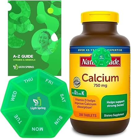 LightSpring - Nature Made Calcium 750 mg com Vitamina D3 e K, Suplemento para Suporte Ósseo, 300 Comprimidos, Pacote com Vitaminas Exclusivas
