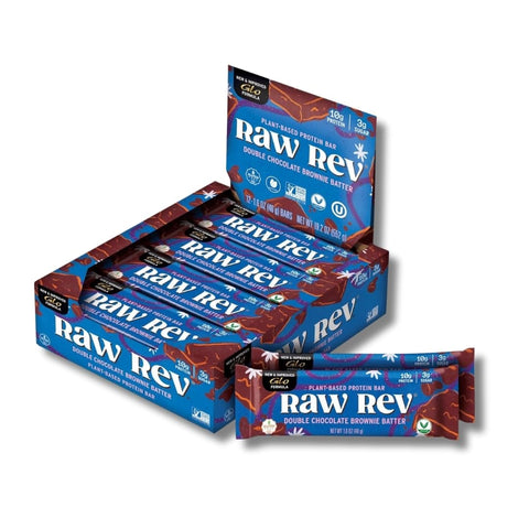Raw Rev Glo - Barras Veganas de Alta Proteína Raw Rev, Sabor Brownie de Chocolate Duplo, 10g de Proteína Vegetal, 12g de Fibra, Não-OGM, 45g, 12 Unidades (Pacote de 1)