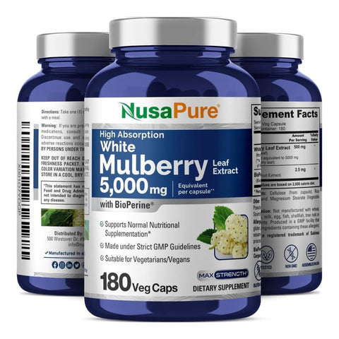 Extrato de Folha de Amora Branca 5.000mg 180 Cápsulas Vegetais - NusaPure