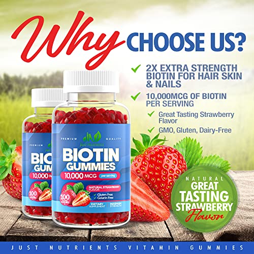 Just Nutrients - Gomas de Biotina 10.000mcg para Mulheres – Fortaleça seus cabelos e unhas com as melhores gomas de biotina