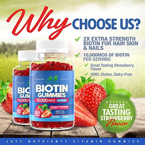 Just Nutrients - Gomas de Biotina 10.000mcg para Mulheres – Fortaleça seus cabelos e unhas com as melhores gomas de biotina