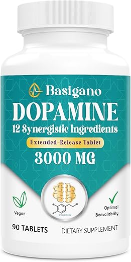Basigano - Suplemento Natural de Dopamina para Energia, Foco, Motivação, Alerta Mental, Humor e Estresse – Sem OGM, Sem Glúten – 90 Comprimidos