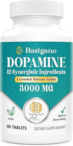 Basigano - Suplemento Natural de Dopamina para Energia, Foco, Motivação, Alerta Mental, Humor e Estresse – Sem OGM, Sem Glúten – 90 Comprimidos