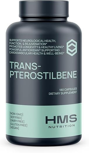 HMS Nutrition - Potente Trans-Pterostilbeno – 200mg, 180 Cápsulas Veganas – Antioxidante – Sem Glúten, Soja