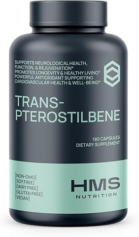 HMS Nutrition - Potente Trans-Pterostilbeno – 200mg, 180 Cápsulas Veganas – Antioxidante – Sem Glúten, Soja
