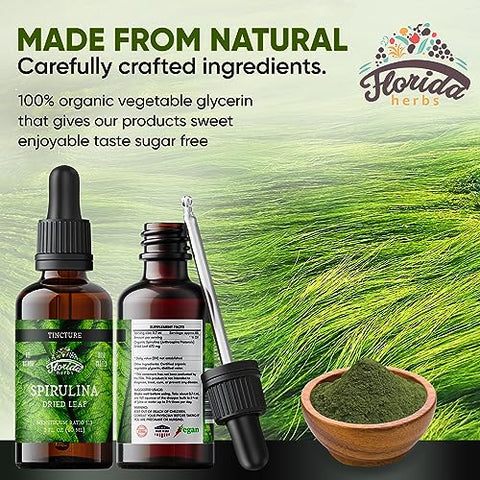 FLORIDA HERBS - Spirulina Tincture: Extrato Orgânico de Spirulina (Arthrospira Platensis) em Glicerina Vegetal Orgânica, 700 mg, 60 ml