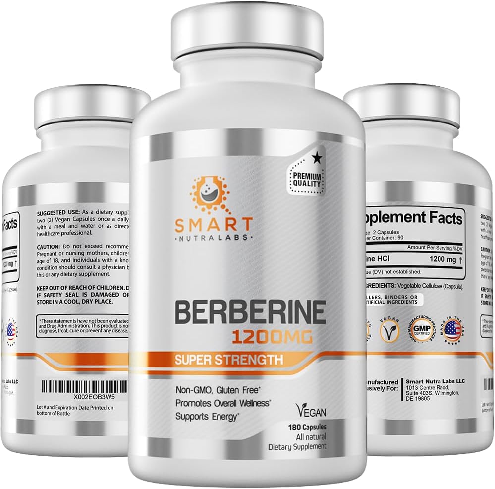 Premium Berberine HCL 1200mg – 180 Cápsulas Veganas, Suplemento de Berberina Pura 100%% – Sem OGM, Sem Glúten - Smart Nutra Labs