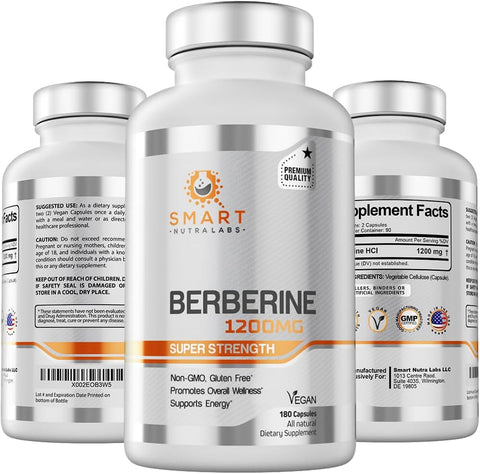 Premium Berberine HCL 1200mg – 180 Cápsulas Veganas, Suplemento de Berberina Pura 100%% – Sem OGM, Sem Glúten - Smart Nutra Labs