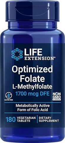 Folate Otimizado (L-Metilfolato) 1700 mcg DFE, 180 Comprimidos Vegetais - Life Extension
