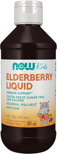 NOW Foods - NOW Supplements, Xarope de Sabugueiro Líquido para Crianças com Zinco e Astrágalo, Suporte Imunológico, 240 ml, embalagem pode variar