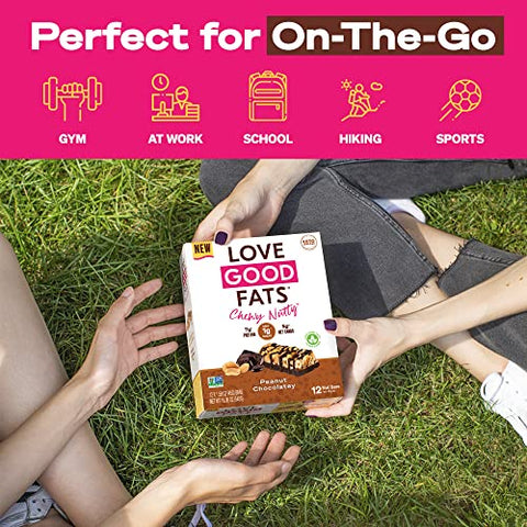 LOVE GOOD FATS - Barras de Proteína Love Good Fats à base de plantas Keto – Amendoins Crocantes e Chocolate Amargo – 13g de Gorduras Boas, 7g de Proteína, 5g de Carboidratos Líquidos, 1g de Açúcar, Sem Glúten, Não-OGM – Amendoim