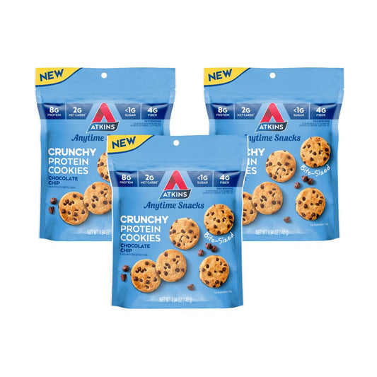 Cookies de Proteína Crocantes em Tamanho Mordida, Chocolate Chip, 8g Proteína, 4g Fibra, 1g Carboidrato Líquido, 1g Açúcar, Amigo da Dieta Keto, 3 Pacotes (5 Porções por Pacote) - Atkins