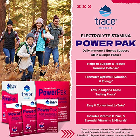 Power Pak Pó Eletrólito | 1200 mg Vitamina C, Zinco, Magnésio | Reforça Imunidade, Hidratação e Energia Natural | Mixed Berry | 30 Pacotes - Trace Minerals