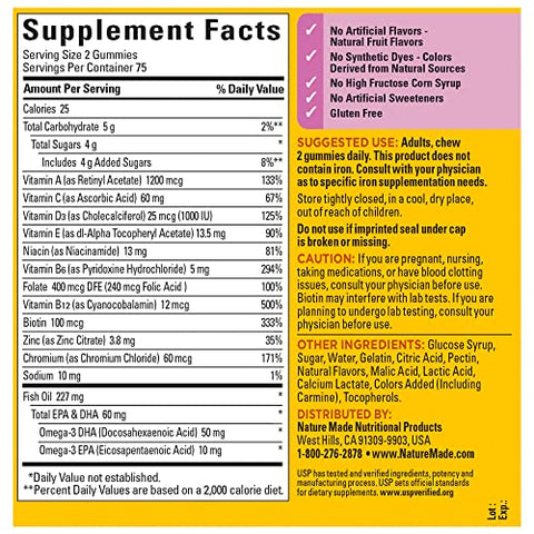 Multivitamínico Feminino com Ômega-3, Suporte Nutricional Diário para Mulheres, 150 Gomas, Suprimento de 75 Dias - Nature Made