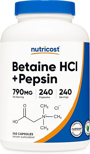 Betaine HCl Pepsin 790mg – 240 Cápsulas | Livre de Glúten  Nutricost - Nutricost