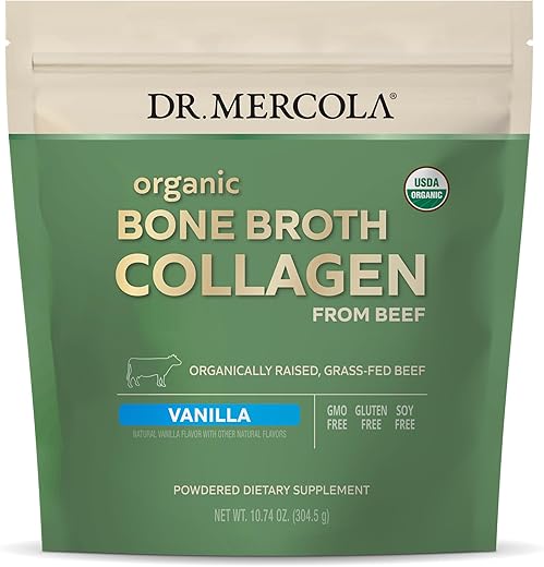 Colágeno em Pó de Caldo de Osso Orgânico – Baunilha, 30 Porções (30 Medidas), Suplemento Alimentar, Suporte para Conforto Ósseo e Articular, Orgânico Certificado pelo USDA, Não-OGM - Dr. Mercola