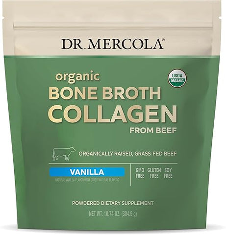 Colágeno em Pó de Caldo de Osso Orgânico – Baunilha, 30 Porções (30 Medidas), Suplemento Alimentar, Suporte para Conforto Ósseo e Articular, Orgânico Certificado pelo USDA, Não-OGM - Dr. Mercola