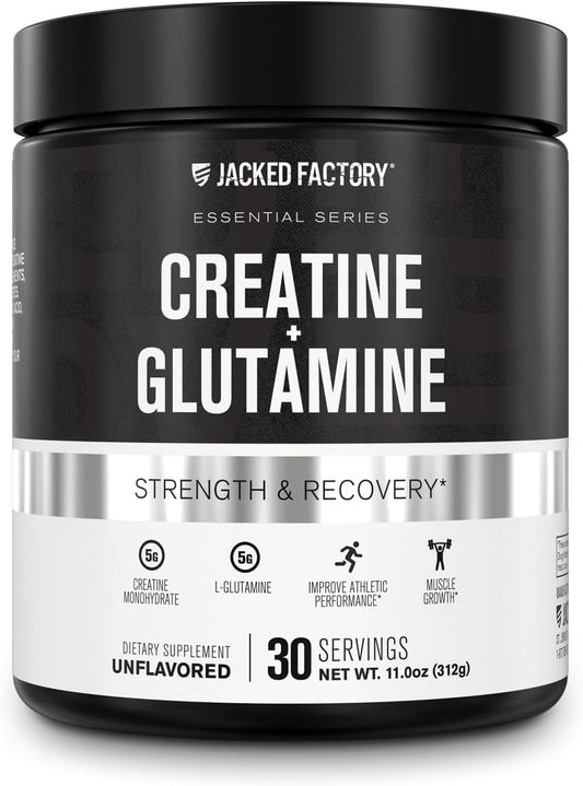 Jacked Factory - Creatina Glutamina – Suplemento de Creatina com L-Glutamina para Recuperação Muscular, Crescimento Muscular, Aumento de Força, Energia Aumentada e Saúde Intestinal – 30 Porções, Sem Sabor