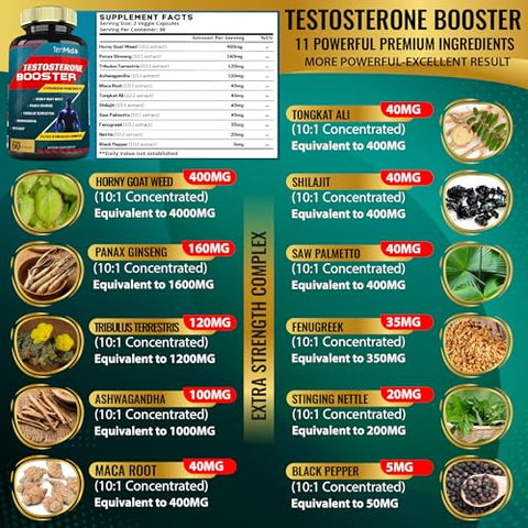 Tenmido - 2 Pacotes de 60 cápsulas de Suplemento Estimulante de Testosterona para Homens, Equivalente a 10000mg – Resistência Natural, Energia Duradoura