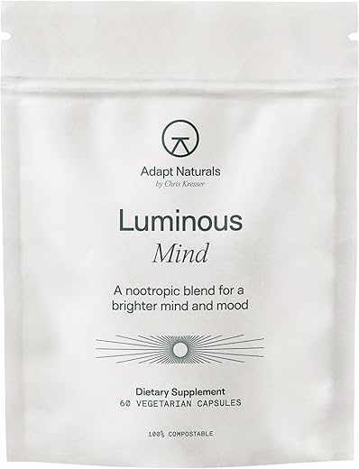 ADAPT NATURALS BY CHRIS KRESSER - Adapt Naturals – Suplemento Cérebro Nootrópico Luminous Mind com Ginkgo Biloba, Bacopa e Lions Mane | Memória, Foco, Clareza Mental e Suporte para o Humor Elevado | Sem Cafeína, Queda
