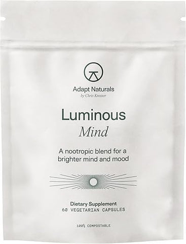 ADAPT NATURALS BY CHRIS KRESSER - Adapt Naturals – Suplemento Cérebro Nootrópico Luminous Mind com Ginkgo Biloba, Bacopa e Lions Mane | Memória, Foco, Clareza Mental e Suporte para o Humor Elevado | Sem Cafeína, Queda