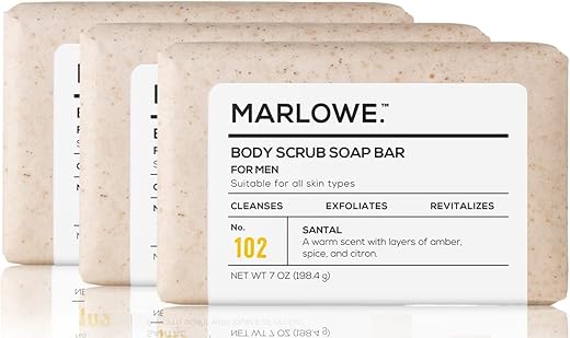 MARLOWE. - Sabonete Esfoliante Corporal No. 102 para Homens 200g (3 Barras) Fragrância Warm Santal, Melhor Barra Esfoliante, Feito com Ingredientes Naturais, Pó de Semente de Damasco, Manteiga de Karité, Óleo de Oliva, Extratos de Chá Verde