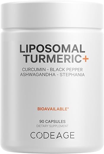 Suplemento Orgânico de Cúrcuma – 95% Extrato de Curcumina em Cápsulas – Mistura Botânica Lipossomal Fermentada de Pimenta-do-Reino, Ashwagandha, Gengibre, Stephania, Boswelia, Cominho, Digestivo – 60 Cápsulas - Codeage