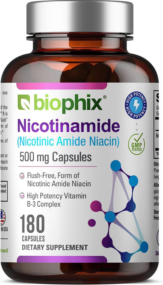 B-3 Nicotinamida 500 mg 180 Cápsulas – Fórmula de Vitamina Niacina Natural Flush-Free Nicotínica Amida – Suporta a Saúde das Células da Pele - biophix